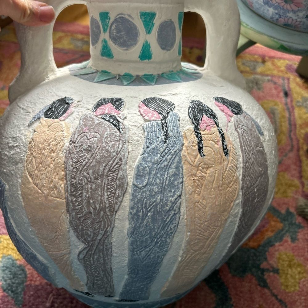 Vtg 1980s Post Modern Ceramic Pastel Southwest Vase in Blue Green Pink M…